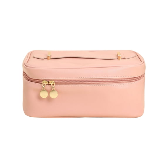 Qholemyo Large Capacity Leather Travel Makeup Bag Flat Lay Cosmetic Organizer With Brush Slots Divider Toiletry Bag Travel Essentials