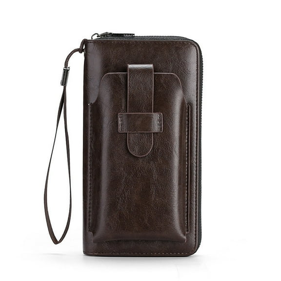 Qholemyo Large Capacity Long Leather Wallet For Men Zippered Card Case Fits 6.9 Inch Smartphones