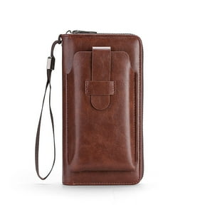 Qholemyo Large Capacity Long Leather Wallet For Men Zippered Card Case Fits 6.9 Inch Smartphones