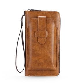 Qholemyo Large Capacity Long Leather Wallet For Men Zippered Card Case Fits 6.9 Inch Smartphones