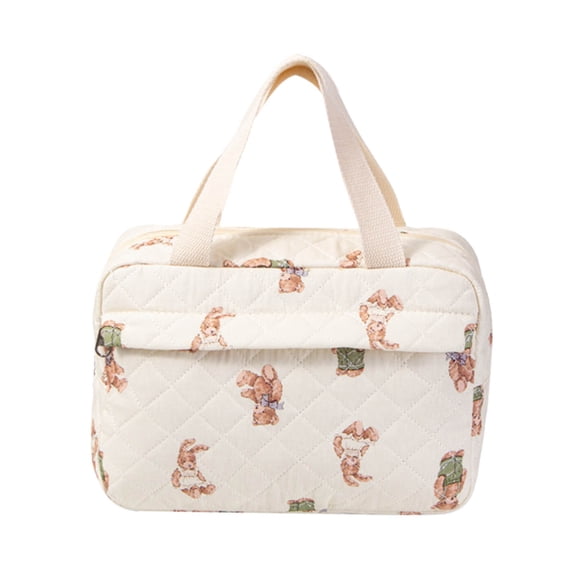 Qholemyo Large Capacity Portable Quilted Cotton Tote Cosmetic Bag Travel Makeup Organizer Toiletry Storage Pouch Travel Essentials