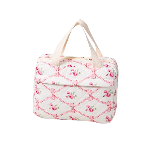 Qholemyo Large Capacity Portable Quilted Cotton Tote Cosmetic Bag Travel Makeup Organizer Toiletry Storage Pouch Travel Essentials