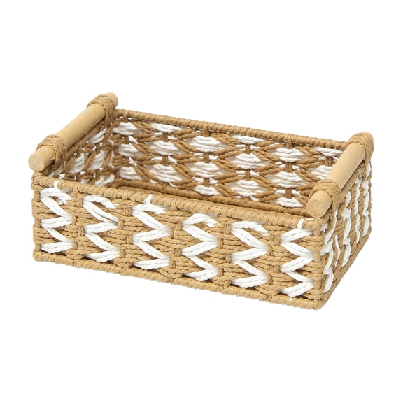 Qholemyo Paper Rope Woven Storage Basket Baskets For Organizing Living Room Desktop Household Sundries With Wooden Carrying Handles