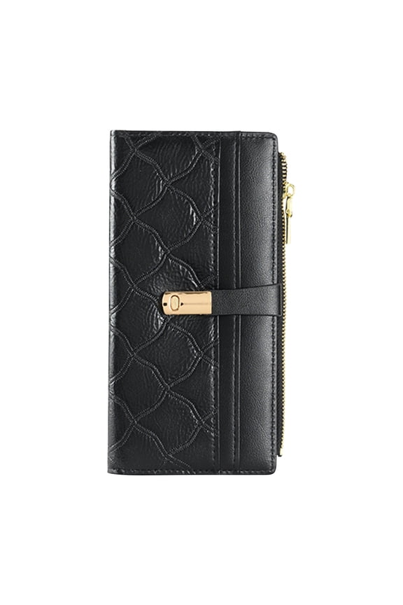 Womens Long Lingge Pattern Wallet Zipper Snap Card Bag Solid Color Handbag Organizer