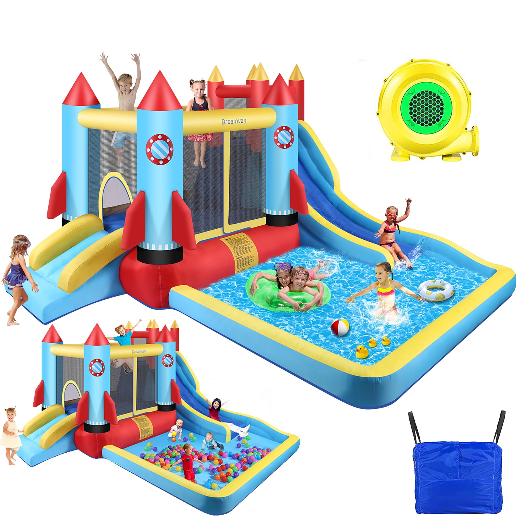 Pool　with　Qhomic　Pit/Large　Bouncy　Blower　Kids　Inflatable　Outdoor/Indoor　House,　146''x　Houses　Climbing　82''　132''　Slide　x　and　Teen,　Double　Bounce　Adult　for　3-12　PVC,　Wall　Ball　Tween,　Child,　Toddler,