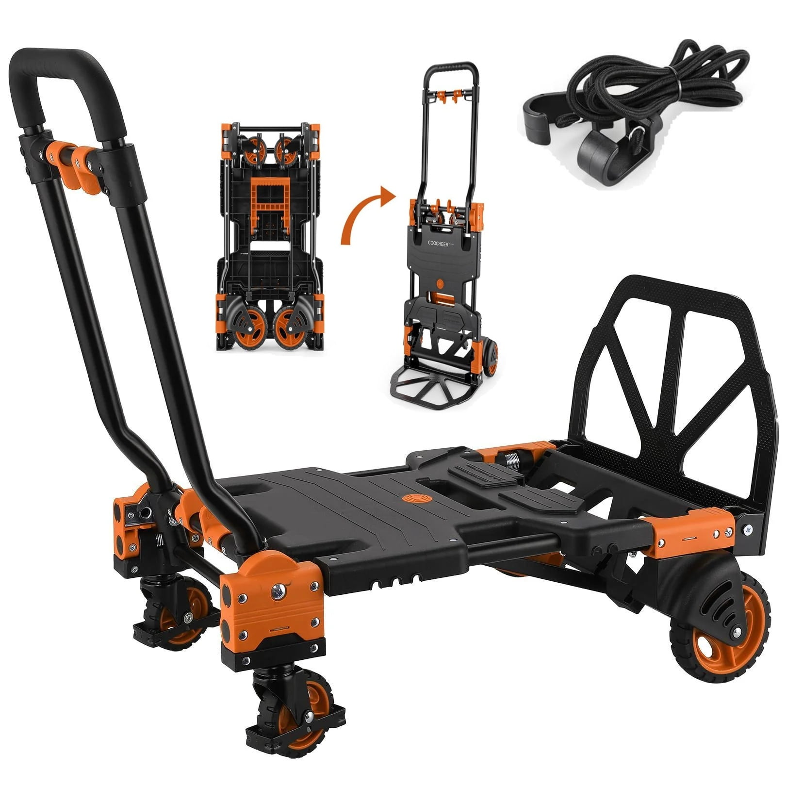 Qhomic 330 lbs Folding Hand Truck, 4-Wheel and 2-Wheel Combo Expandable Hand Truck for Mobile Office Carts, Heavy Duty Moving - Orange