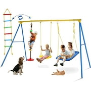 Qhomic 4 in 1 Swing Set, Heavy Duty A-Frame Swing Frame, Weight Capacity 440 lbs Adjustable Outdoor Playground with Swing Seat, Bird's Nest Swing Seat, Climbing Ladder and Climbing Rope