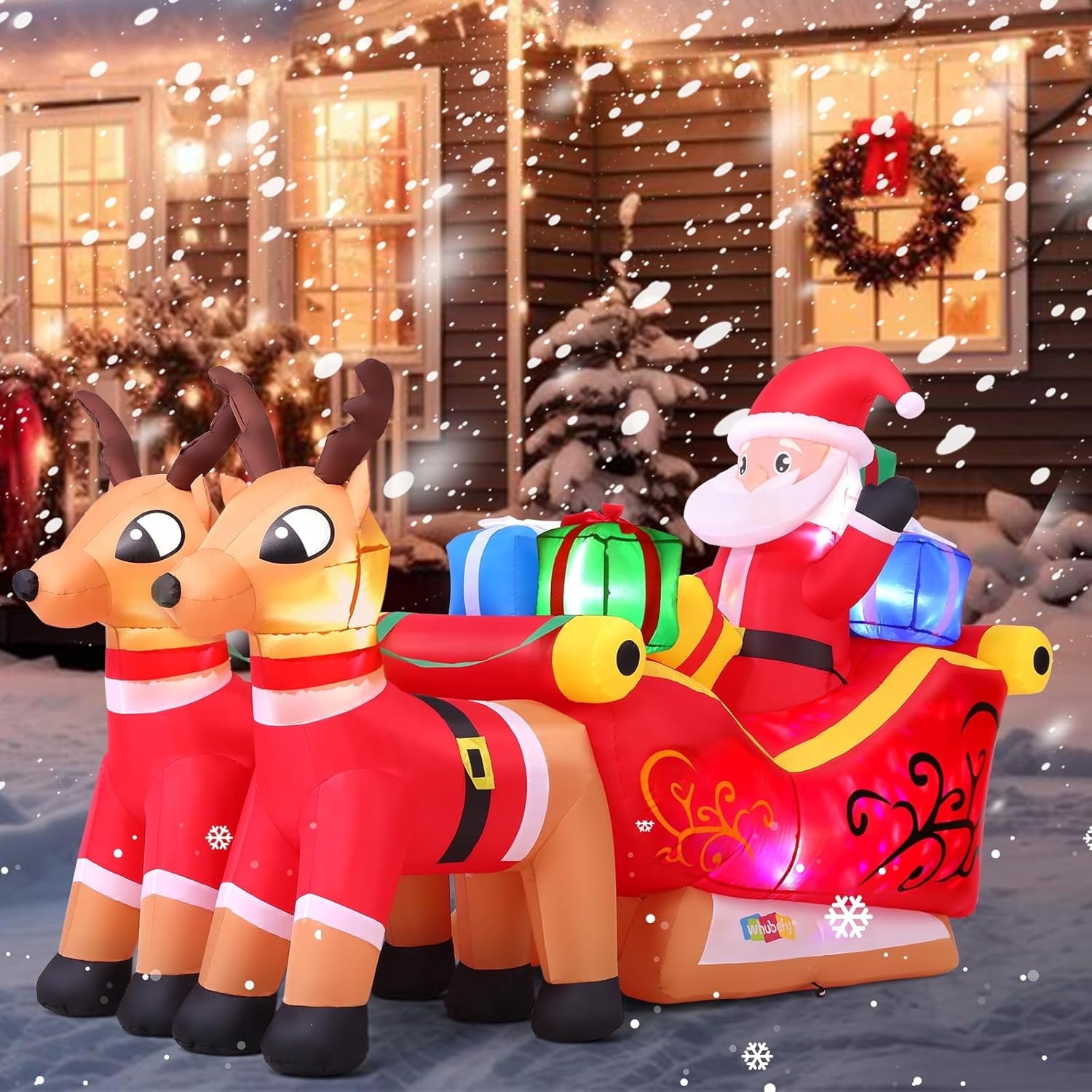 Qhomic 4.5FT Christmas Inflatable Santa with Reindeer Sleigh and Gift Box, Christmas Inflatable Outdoor Decoration with LED Lights for Holiday Indoor and Outdoor Decorations with Blower
