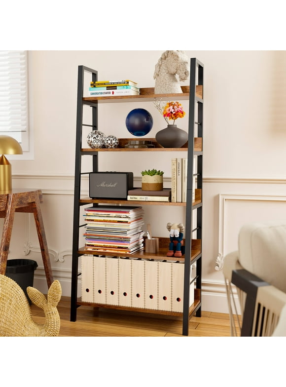 Qhomic 5-Tier Ladder Shelf Bookshelf Bookcase Leaning Shelves Storage Shelving Unit Home Office Decor, Brown