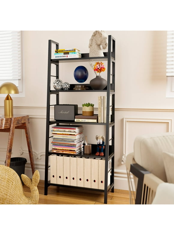 Qhomic 5-Tier Ladder Shelf Bookshelf Bookcase Leaning Shelves Storage Shelving Unit Home Office Decor, Small Size Black