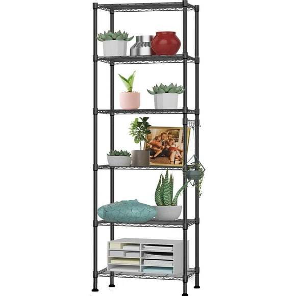 Qhomic 6-Tier Wire Shelving Unit Storage Rack Metal Shelf Organizer with 6 Hooks for Kitchen Bathroom Garage Balcony 21.26" x 11.42" x 62.99", Black