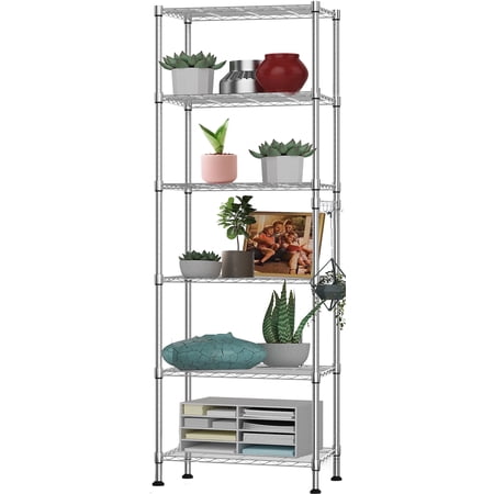 Qhomic 6-Tier Wire Shelving Unit Storage Rack Metal Shelf Organizer with 6 Hooks for Kitchen Bathroom Garage Balcony 21.26" x 11.42" x 62.99", Silver