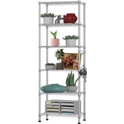 Qhomic 6-Tier Wire Shelving Unit Storage Rack Metal Shelf Organizer with 6 Hooks for Kitchen Bathroom Garage Balcony 21.26 x 11.42 x 62.99, Silver