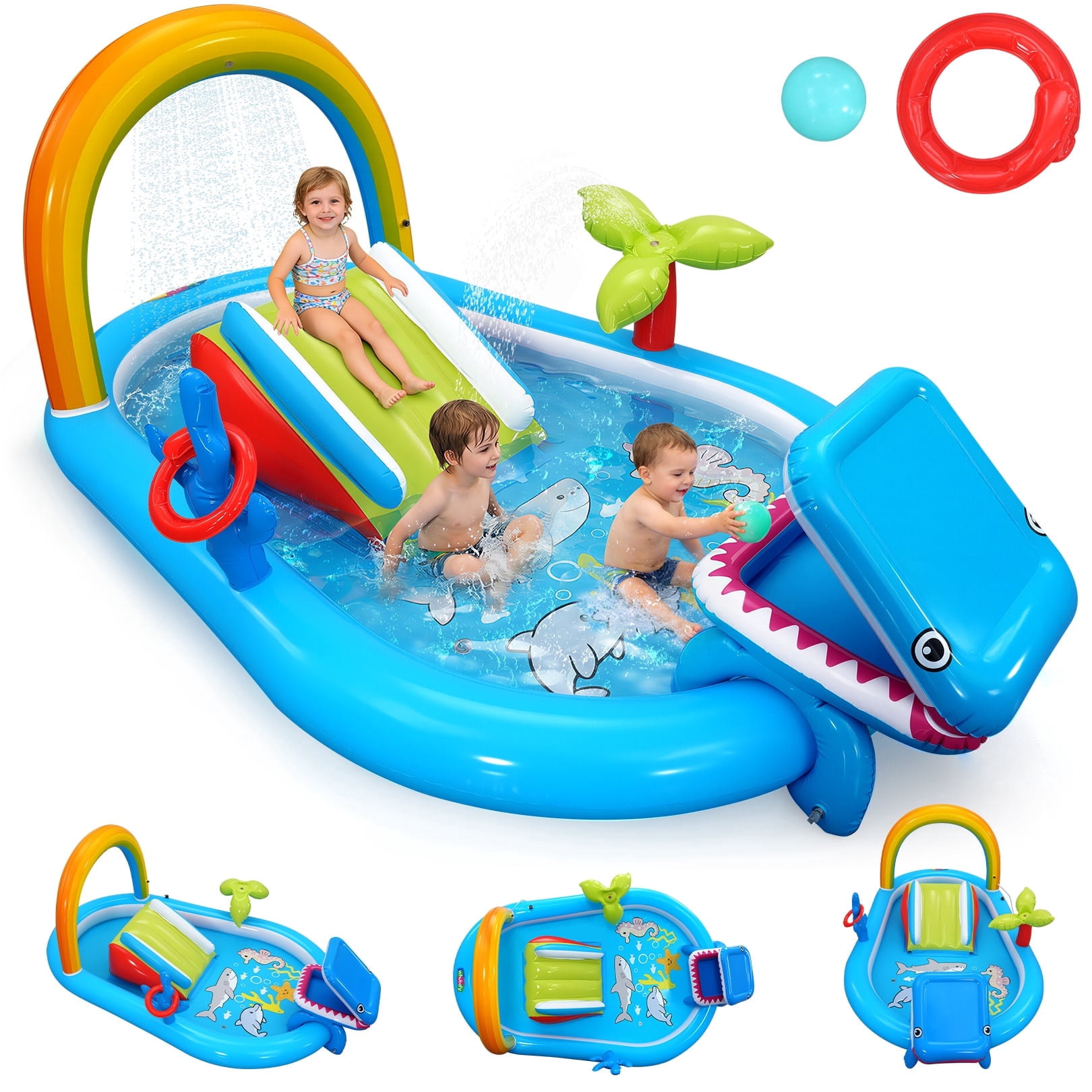 Qhomic 6-in-1 Inflatable Play Center with Pool, Indoor/Outdoor Water Park Pool with Water Slide, Shark-Shaped Ball Toss, Water Sprinklers, Ring Toss Game, Dry & Wet Use