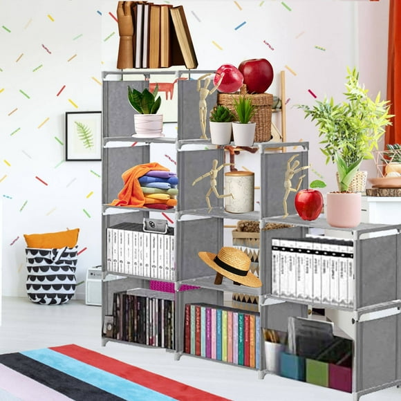 Qhomic 9 Tier Kid Adjustable Bookcase Storage Bookshelf with 9 Book Shelves for Kids Adult Green Gift, Gray