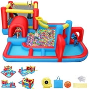 Qhomic 7 in1 Inflatable Water Slide Park for Kids 2~12 Years, Indoor/Outdoor Bounce House Splash Pool with 520W Blower, Slide,Obstacles,Climbing,BasketBall Hoop,Jumping Area Wet & Dry Bouncy Castle