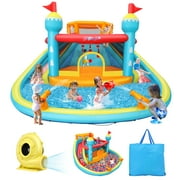 Qhomic 9in1 Inflatable Water Slide Park for Kids 2~10 Years, Indoor/Outdoor Bounce House Splash Pool with 520W Blower, Double Slide,Water Spray,Climbing,Water Gun,Jumping Area Wet & Dry Bouncy Castle