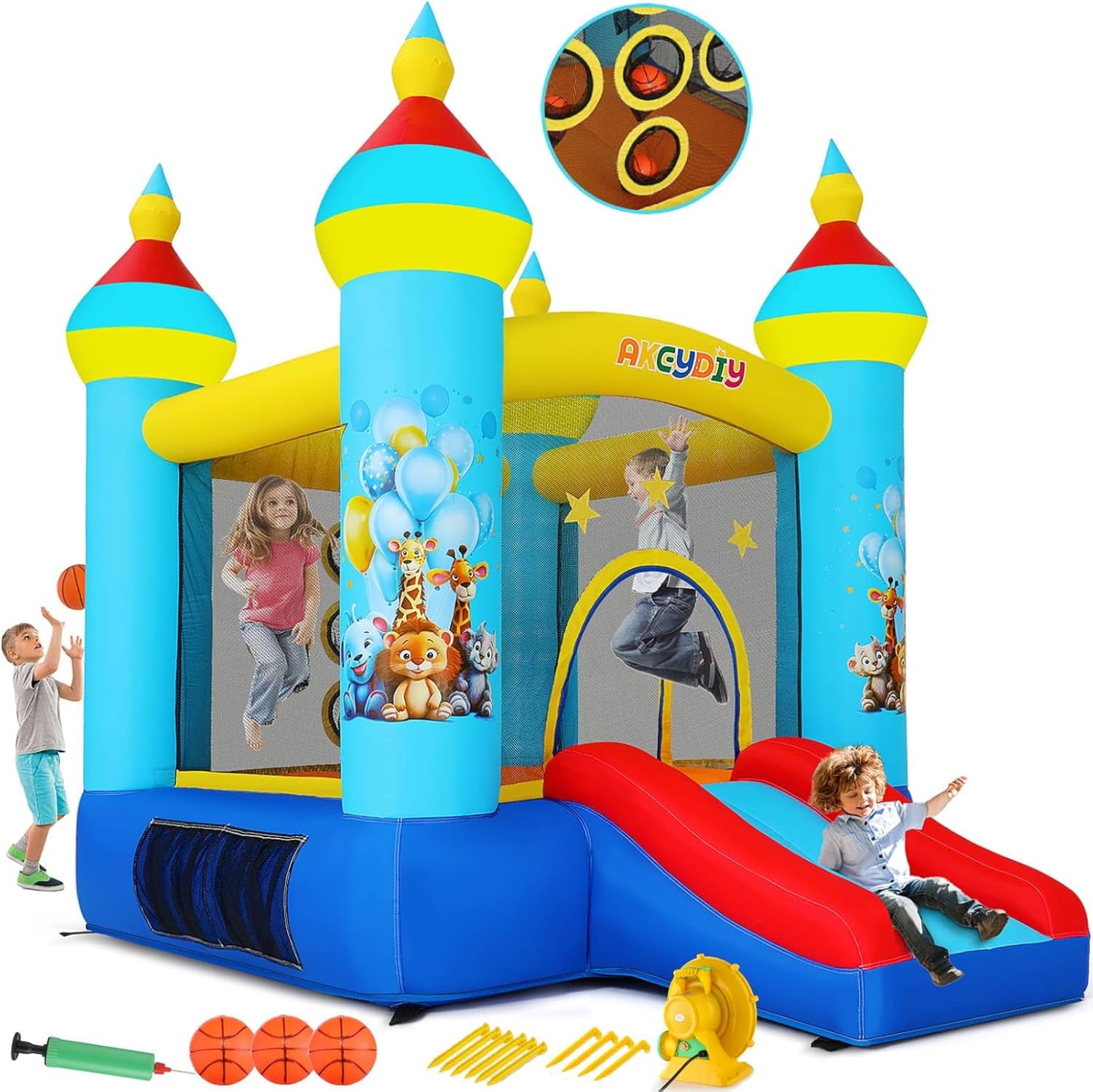 Qhomic Bounce House, Animal Themed Castle, Indoor Outdoor Inflatable Bounce House with Jumping Area, Slide, 370W Blower