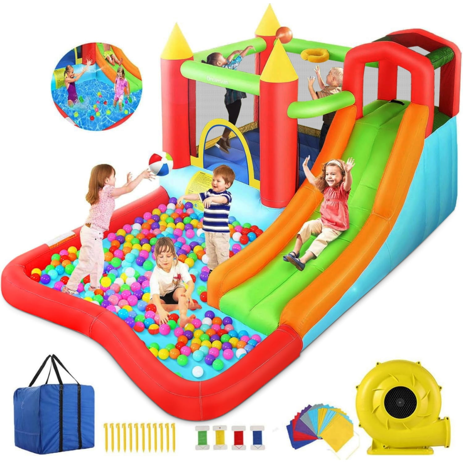 Qhomic Bounce House with Blower Indoor/Outdoor Bouncy House Slides, Climbing Wall, Ball Pit, Jumping Area, Shoot All in One Inflatable Bounce Castle for Kids 3-10