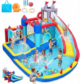 Qhomic Water Slide with Blower, 13-in-1 Inflatable Bounce House with Dual Pools, Jumping Area, Water Spray Features, Basketball Hoop, and Soccer Goals, for Indoor/Outdoor Use, Dry and Wet
