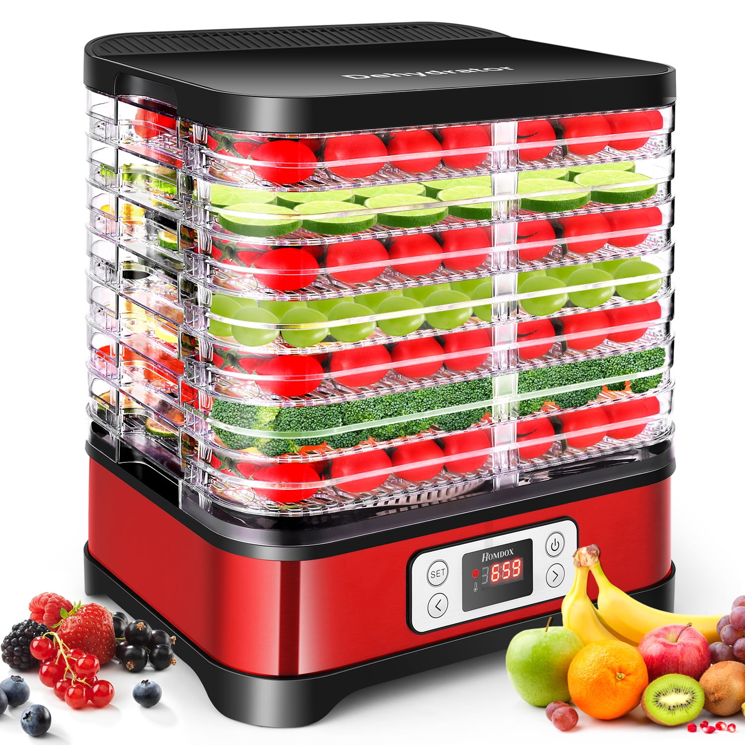 Qhomic Food Dehydrator Machine 8 Trays Professional Electric Multi-Tier  Food Preserver for Jerky Maker/Fruit/Vegetable Dryer(Red） 