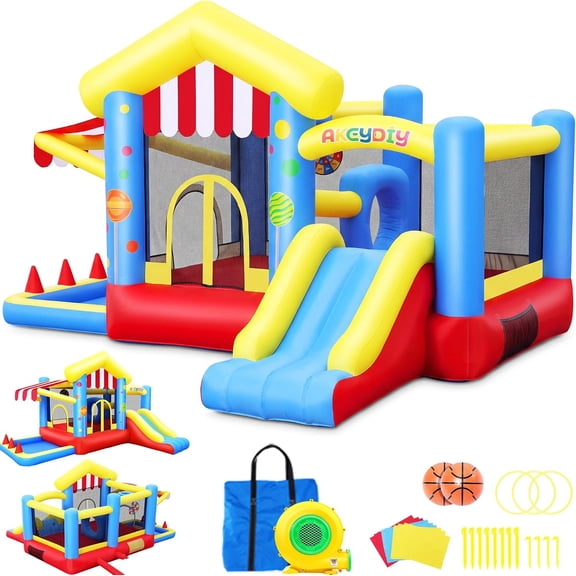 Adnoom Inflatable Bounce House for Kids Ages 3–12, 7-in-1 Bouncy House with Ball Pit, Canopy, Obstacle Jumping Castle with Basketball Hoop, Target, Includes Blower, Perfect for Backyard Parties
