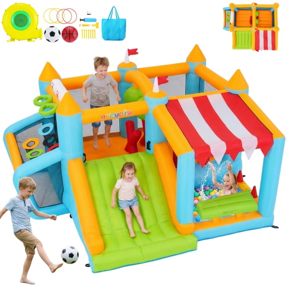 Qhomic Inflatable Bounce House with 450W Blower, Indoor and Outdoor Obstacle Course Bounce House with Slide, Soccer Goal, Pool, Ring Toss Game, and Bouncy CastleSuitable for Ages 310
