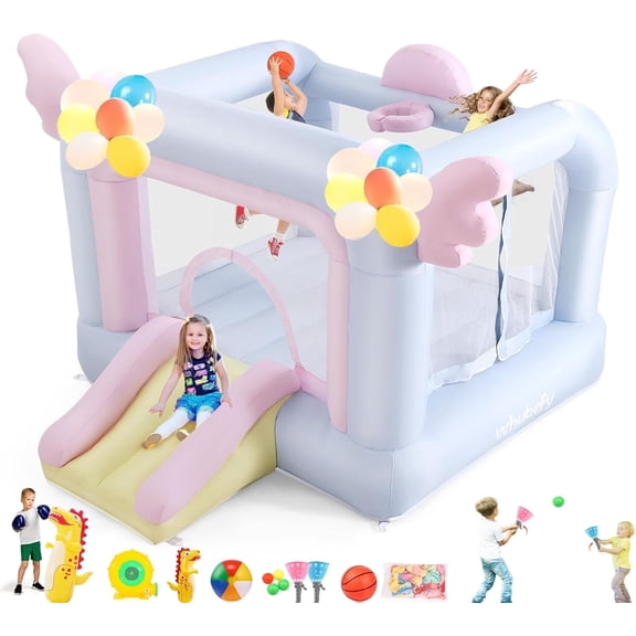 Adnoom Inflatable Bounce House, Kid's Bouncer with Angel Wings for Children Aged 3-8 Years, Jumping Castle with Blower, Slide, Basketball Hoop for Indoor and Outdoor