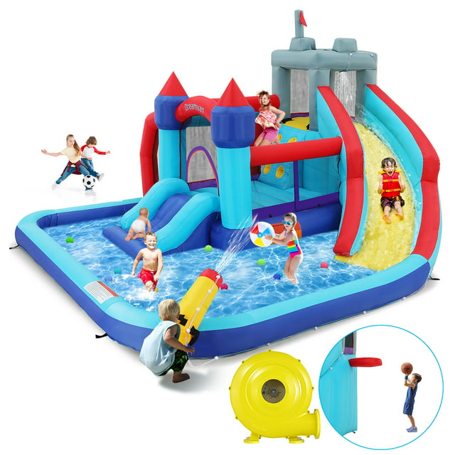 Qhomic Inflatable Bounce House for Toddlers with Blower, Children's Castle with Bouncing Slides, Climbing Wall, Bouncing Area, Basketball Hoop, Water Gun, Inflatable Water Slide with Football Area