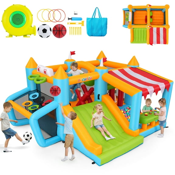 Qhomic Inflatable Obstacle Course Bounce House with Blower, Bouncy Castle with Punching Bag, Soccer Goal, Slide, Pool, and Ring Toss Game, Jumping House for Indoor and Outdoor
