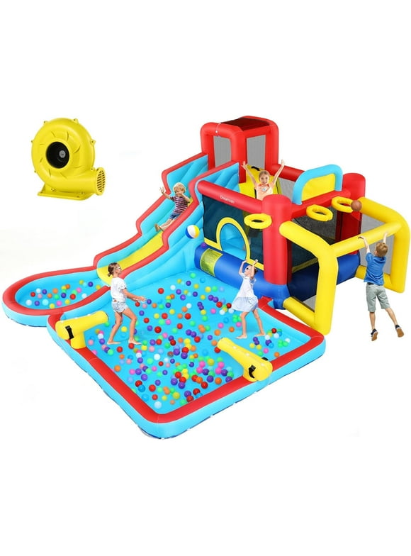 Qhomic Inflatable Water Slide 12 in 1 Waterfall Waves Mega Water Park, Inflatable Bounce House Water Slide with Splash Pool, Climbing Wall, Cannon, Basketball Hoop, Ball Shooting, Football Gate