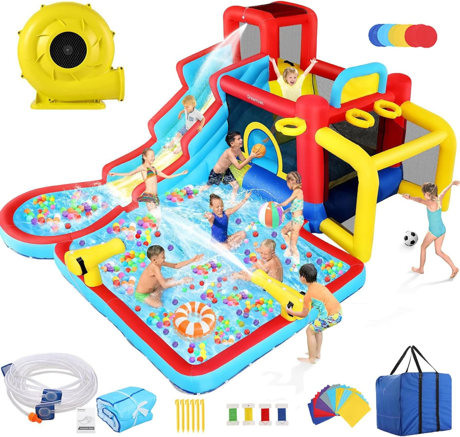 Qhomic Inflatable Water Slide 12 in 1 Waterfall Waves Mega Water Park, Inflatable Bounce House Water Slide with Splash Pool, Climbing Wall, Cannon, Basketball Hoop, Ball Shooting, Football Gate