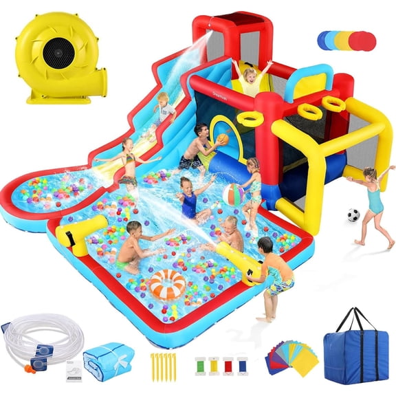 Qhomic Inflatable Water Slide 12 in 1 Waterfall Waves Mega Water Park, Inflatable Bounce House Water Slide with Splash Pool, Climbing Wall, Cannon, Basketball Hoop, Ball Shooting, Football Gate