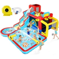 Qhomic Inflatable Water Slide 12 in 1 Waterfall Waves Mega Water Park, Inflatable Bounce House Water Slide with Splash Pool, Climbing Wall, Cannon, Basketball Hoop, Ball Shooting, Football Gate