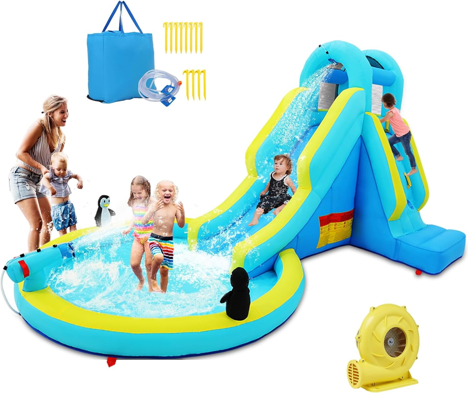 Qhomic Inflatable Water Slide with Splash Pool, Climbing Wall, 2 Spray ...