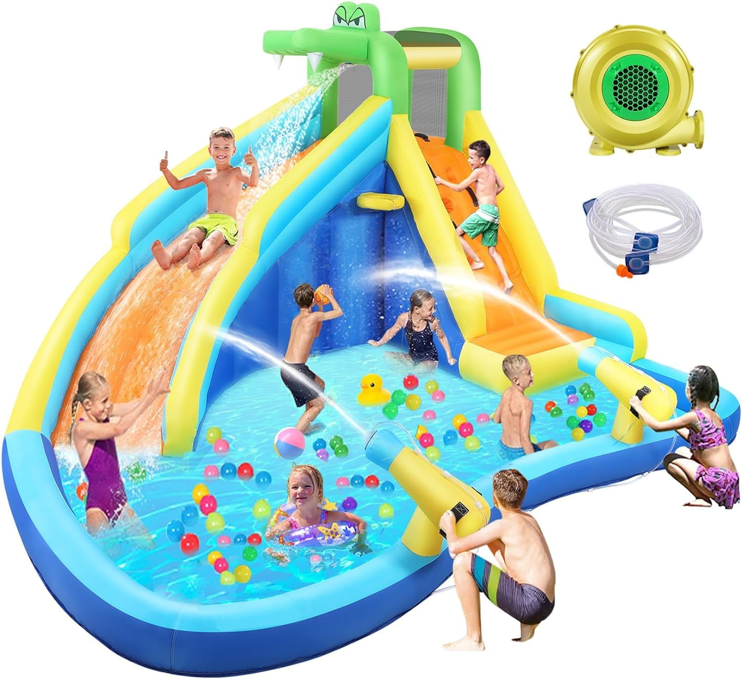 Qhomic Inflatable Water Slide with Spray Pool, 2 Water Guns, Climbing Wall, Basketball Hoop, and Inflatable Bounce House with UL Air Blower, (Gift for Kids), Polyester, Child, Teen, Toddler