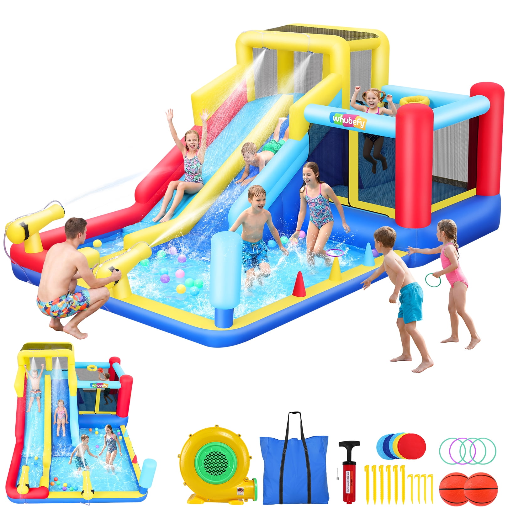 Qhomic Inflatable Water Slide with Blower, 10-in-1 Bounce House with 2 Slides, Jumping Zone, Climbing Wall, Ball Pit and 2 Water Cannons, Water Park for Kids Backyard
