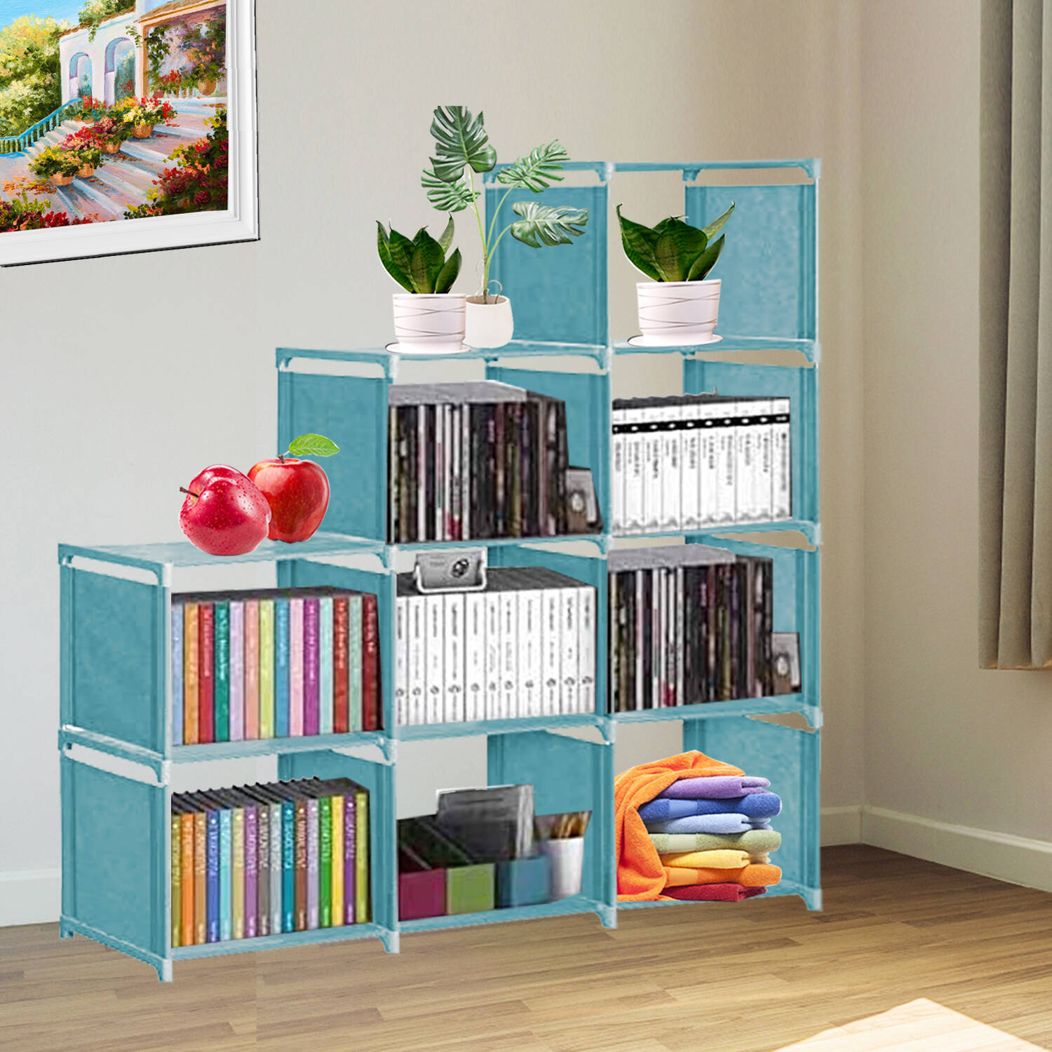 Qhomic Kid Adjustable Bookcase Storage Bookshelf with 9 Cube Book Shelves For Kids Adult, Blue - image 1 of 9