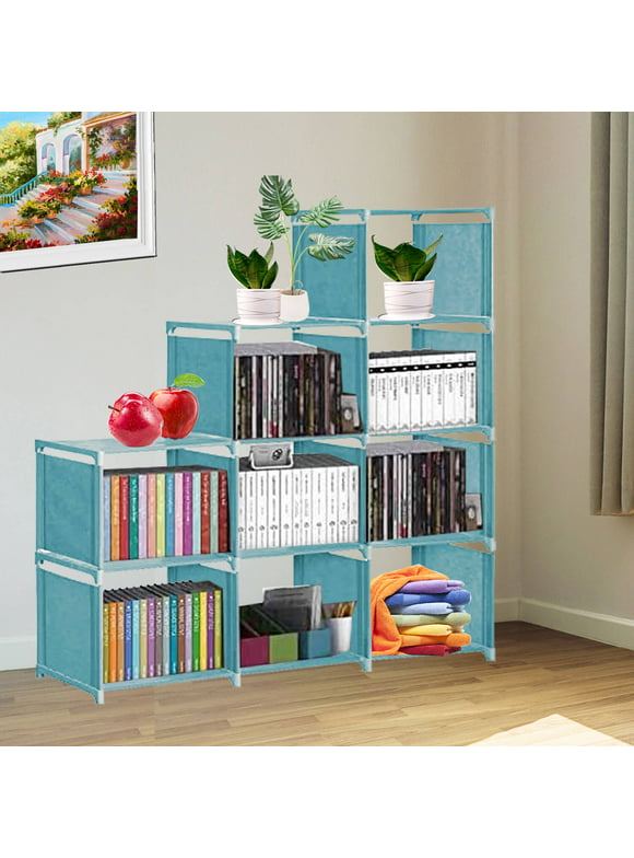 Qhomic Kid Adjustable Bookcase Storage Bookshelf with 9 Cube Book Shelves For Kids Adult, Blue