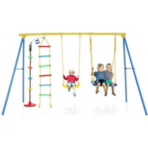 Qhomic Swing Set, 4 in-1 Backyard Swing Sets with Heavy Duty A-Frame Metal 440 lb Kids Swing Set, 1 Swing Seat, 1 Bird's Nest Swing Seat, 1 Climbing Ladder, 1 Rope for Backyard, Playground and Park