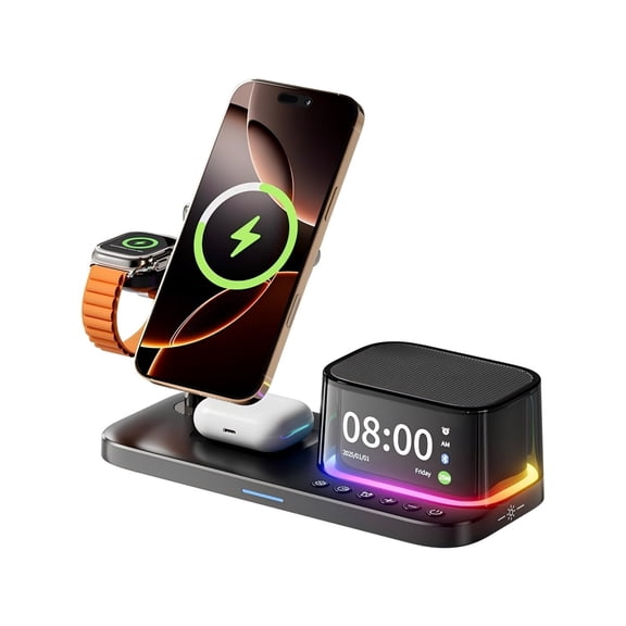 Qi 2.2 5-in-1 Multiple Magnetic Wireless Charging Station Charger for iPhone 12-17 Apple Watch AirPods With Bluetooth 5.3 Speaker Alarm Clock Night Light
