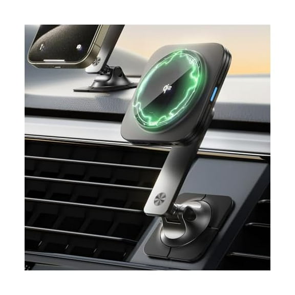 for Qi2 15W MagSafe Car Mount Charger, Qi2-Certified Universal Dashboard/Tesla MagSafe Car Charger, Magnetic Wireless Charging, Adjustable Car Phone Holder for iPhone 16/15/14/13/12, S25, Black
