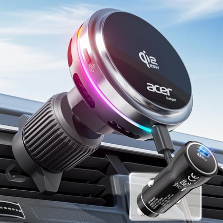 Qi2.2 25W for MagSafe Car Mount Charger,Wireless Car Charger with Cooling Fan & Backlight,Vent Phone Mount with 45W Car Adapter,360°Rotation Magnetic Phone Holder for iPhone 17/16/15/14/13