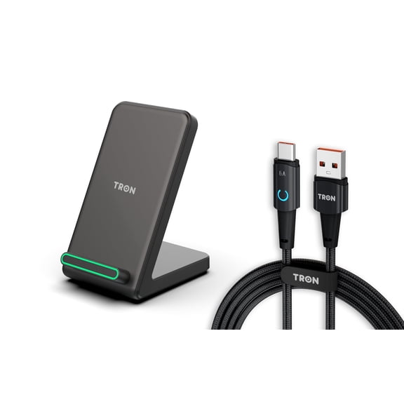 TRON Wireless Charging Stand, 15W Max Fast Wireless Charger Stand with Type-C Input and LED Indicator, Hands-Free Desk Phone Holder for iPhone 17 16 15 14 13 12 and Qi Android Phones, Black