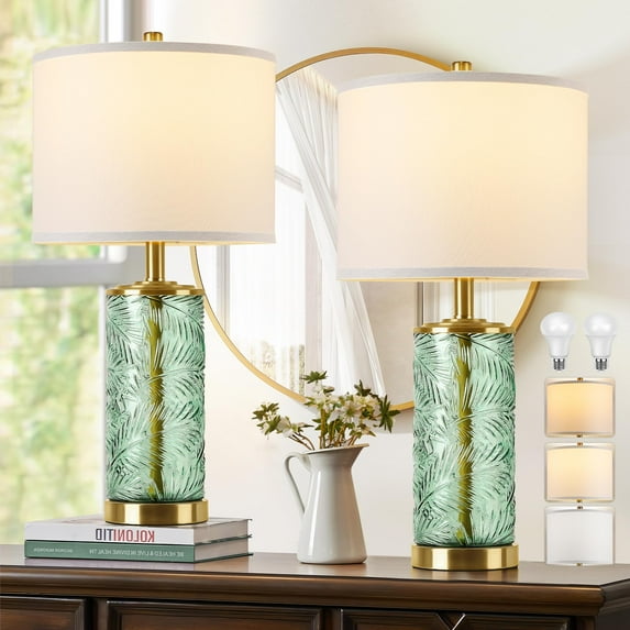QiMH Glass Table Lamp Set of 2, Modern Gold Bedside Lamp with Stereo Palm Leaves Vein Glass for Living Room, Green Nightstand Lamps for Bedroom Home Office Reading Decor(Bulbs & Shades Included) C92