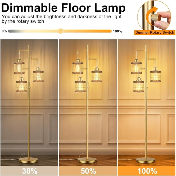 QiMH Industrial Floor Lamps for Living Room, Tree Standing Lamp with Stepless Dimmable, 68" Tall Lamps for Bedroom Study, 3  Bulbs Included, Gold