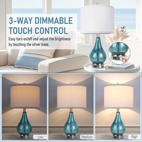 QiMH Set of 2 Glass Table Lamps with USB Charging Ports, Blue Ice Crackle Modern Bedside Lamp with Touch Control and LED Bulbs for Bedroom Living Room