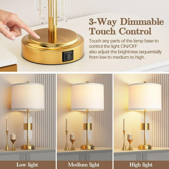 QiMH Table Lamp for Living Room with USB A+C Ports, Gold Bedside Lamps for Bedrooms Set of 2 with Touch Control, Modern Nightstand Lamp White Lamp Shade Home Office Decor (2700K LED Bulb Included)
