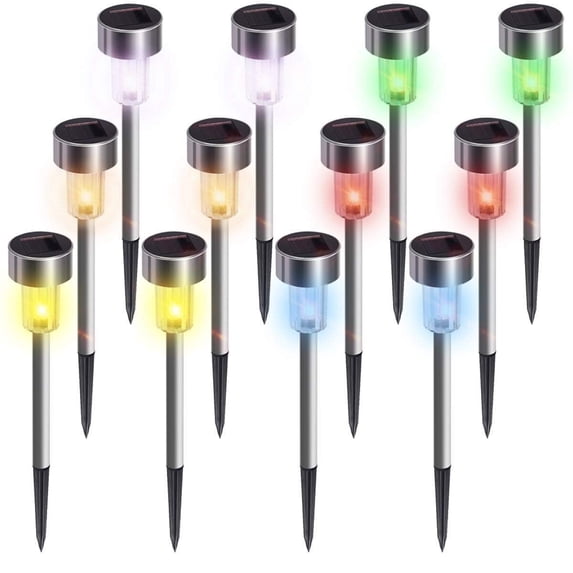 Somnr 12 pack multi-color solar garden lights, stainless steel LED pathway landscape lighting