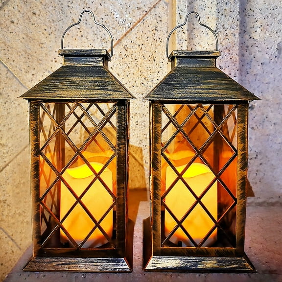 GLUAAE 14" Set of 2 Outdoor Solar Candle Lantern Flickering Flameless LED Candle/Plastic Hanging Solar Garden Light/Decorative Lantern For Patio Pathway Deck Christmas Halloween Garden Decor